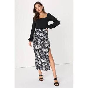 Lulus Cute Intentions Black Floral Print High-waisted Midi Skirt - Size M